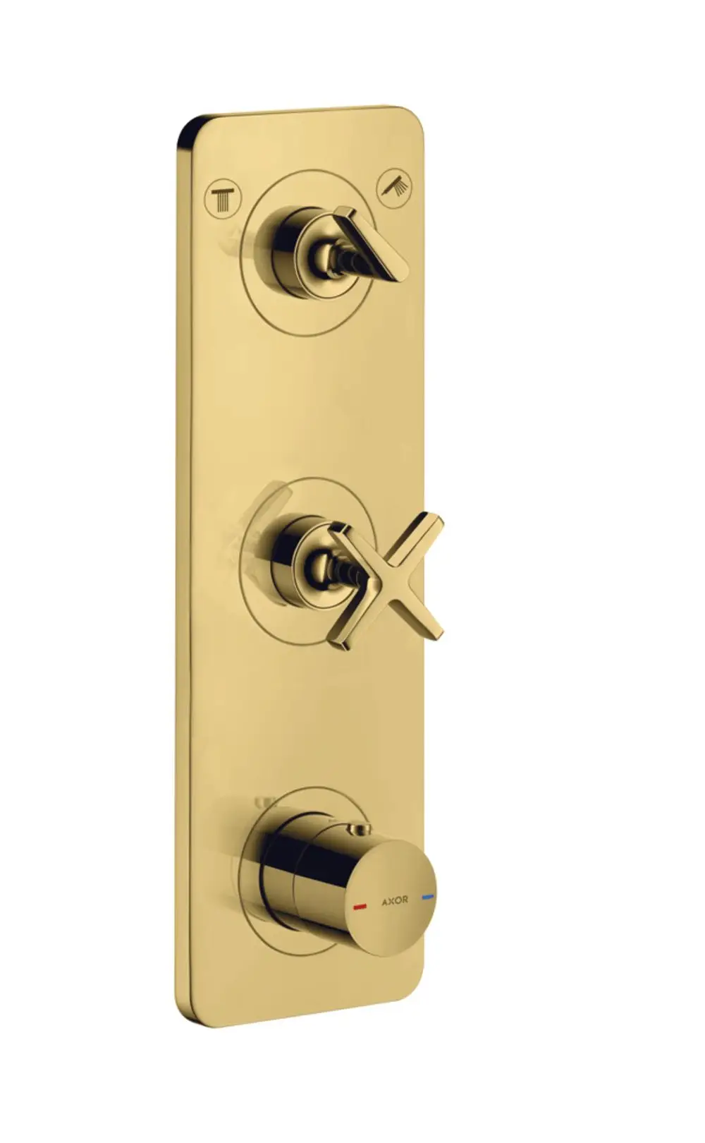 Thermostatmodul mit drei Steuerungen in poliertem Goldoptik, montiert auf einer rechteckigen Platte. Hersteller ist AXOR.